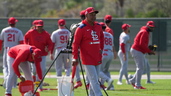 Feb 17, 2025; Jupiter, FL, USA; St. Louis Cardinals legend Ozzie Smith looks over infield practice at spring training. Mandatory Credit: Jim Rassol-Imagn Images Feb 17, 2025; Jupiter, FL, USA; St. Louis Cardinals legend Ozzie Smith looks over infield practice at spring training. Mandatory Credit: Jim Rassol-Imagn Images