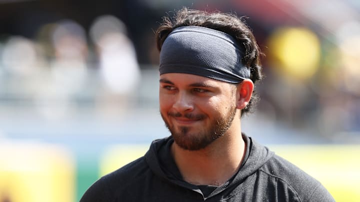 Sep 21, 2025; Pittsburgh, Pennsylvania, USA;  Pittsburgh Pirates pitcher Jared Jones (37) walks in from the bullpen before the game against the Athletics at PNC Park. Mandatory Credit: Charles LeClaire-Imagn Images