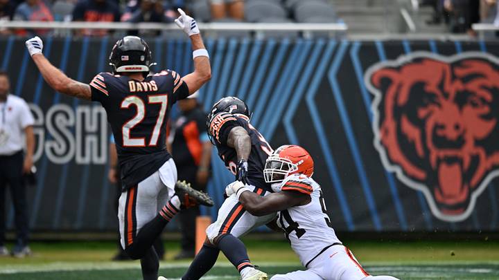 Aug 15, 2026; Chicago, Illinois, USA; Chicago Bears running back Salvon Ahmed (36) runs the ball in for a touchdown against the Cleveland Browns during the second half at Soldier Field. Mandatory Credit: Patrick Gorski-Imagn Images