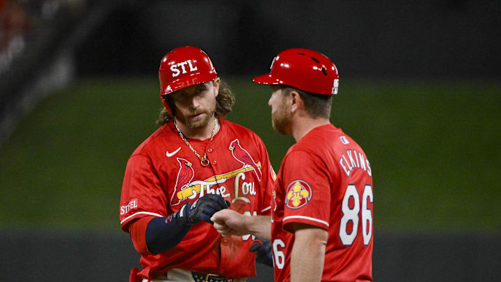 Sep 19, 2025; St. Louis, Missouri, USA; St. Louis Cardinals second baseman Brendan Donovan (33) celebrate with first base coach Packy Elkins (86)after hitting a single against the Milwaukee Brewers during the fifth inning at Busch Stadium. Mandatory Credit: Jeff Curry-Imagn Images Sep 19, 2025; St. Louis, Missouri, USA; St. Louis Cardinals second baseman Brendan Donovan (33) celebrate with first base coach Packy Elkins (86)after hitting a single against the Milwaukee Brewers during the fifth inning at Busch Stadium. Mandatory Credit: Jeff Curry-Imagn Images