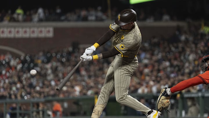 San Diego Padres outfielder Jackson Merrill (3) hits a double during the fourth inning against the San Francisco Giants at Oracle Park on Sept 13.