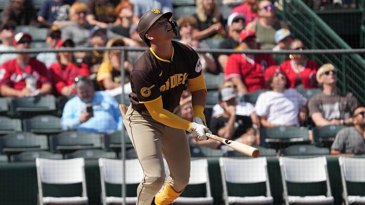 Mar 10, 2026; Tempe, Arizona, USA; San Diego Padres center fielder Jase Bowen (45) hits against the Los Angeles Angels in the first inning at Tempe Diablo Stadium. Mandatory Credit: Rick Scuteri-Imagn Images