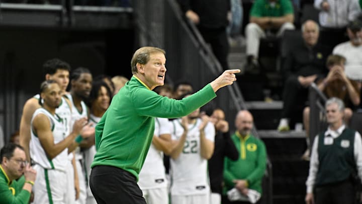 Mar 4, 2025; Eugene, Oregon, USA; Oregon head coach Dana Altman calls directs his team late in the game against the Indiana Hoosiers at Matthew Knight Arena. Mandatory Credit: Craig Strobeck-Imagn Images