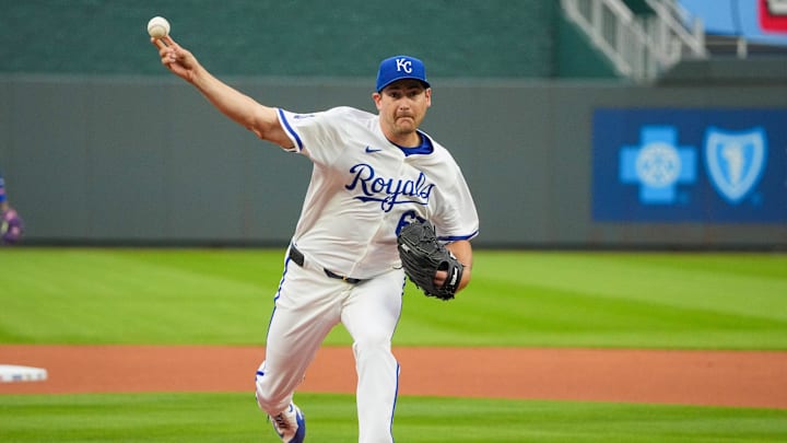 May 6, 2025; Kansas City, Missouri, USA; Kansas City Royals starting pitcher Seth Lugo (67) throws a warm up pitch against the Chicago White Sox during the game at Kauffman Stadium. Mandatory Credit: Denny Medley-Imagn Images