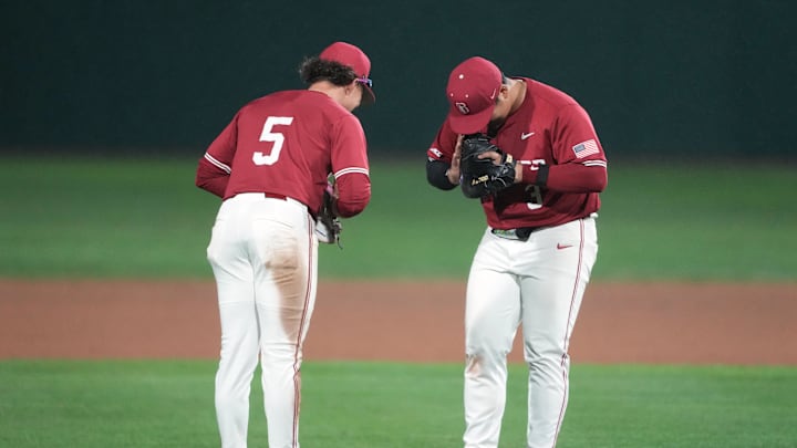 Mar 1, 2025; Stanford, CA, USA; Stanford Cardinal first baseman Rintaro Sasaki (right) and third baseman Trevor Haskins (5) celebrate after defeating the Xavier Musketeers at Sunken Diamond. Mandatory Credit: Darren Yamashita-Imagn Images