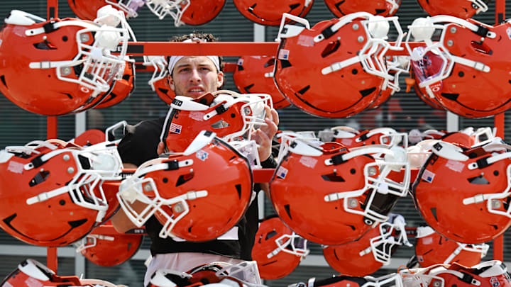 Jun 12, 2025; Berea, OH, USA; Cleveland Browns wide receiver Cade McDonald (31) puts his helmet away during mini camp at CrossCountry Mortgage Campus. Mandatory Credit: Ken Blaze-Imagn Images