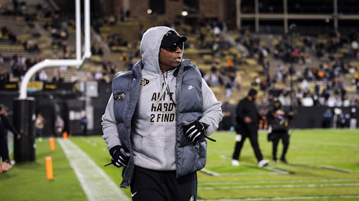 Nov 4, 2023; Boulder, Colorado, USA; Colorado Buffaloes head coach Deion Sanders takes the field before the game against Oregon State Beavers at Folsom Field. Mandatory Credit: Chet Strange-Imagn Images