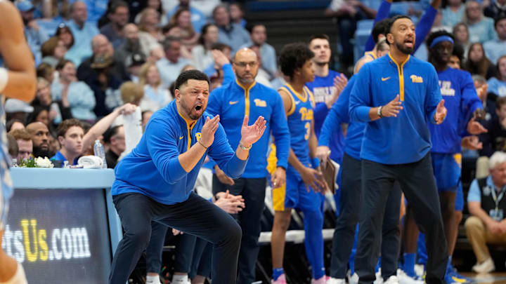 Feb 8, 2025; Chapel Hill, North Carolina, USA;  Pittsburgh Panthers head coach Jeff Capel reacts in the second half at Dean E. Smith Center. Mandatory Credit: Bob Donnan-Imagn Images