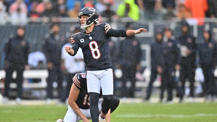Chicago Bears placekicker Cairo Santos (8) watches the ball after kicking a fifty-yard field goal held by punter Tory Taylor (19) against the Minnesota Vikings during the first quarter at Soldier Field. Mandatory Credit: Patrick Gorski-Imagn Images Chicago Bears placekicker Cairo Santos (8) watches the ball after kicking a fifty-yard field goal held by punter Tory Taylor (19) against the Minnesota Vikings during the first quarter at Soldier Field. Mandatory Credit: Patrick Gorski-Imagn Images