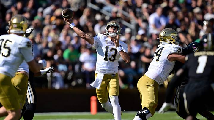 Sep 26, 2026; West Lafayette, Indiana, USA;  Notre Dame Fighting Irish quarterback CJ Carr (13) attempts a pass in the second quarter against the Purdue Boilermakers at Ross-Ade Stadium.  Mandatory Credit: Marc Lebryk-Imagn Images