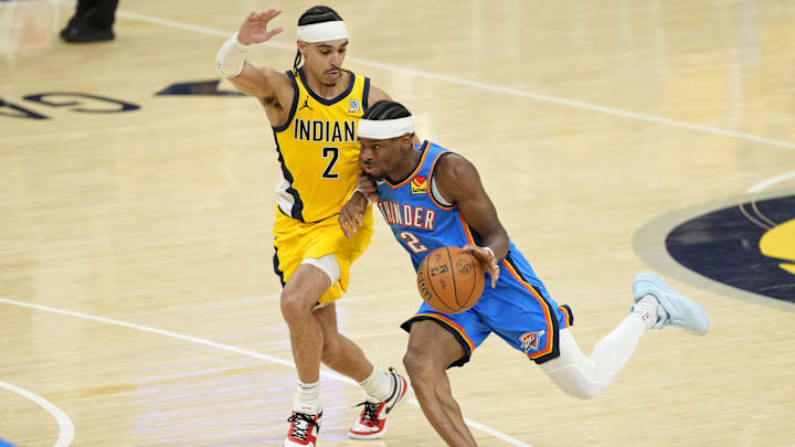 Oklahoma City Thunder guard Shai Gilgeous-Alexander (2) drives to the basket against Indiana Pacers guard Andrew Nembhard (2) during the first half of game six of the 2025 NBA Finals between the Oklahoma City Thunder and the Indiana Pacers at Gainbridge Fieldhouse. Oklahoma City Thunder guard Shai Gilgeous-Alexander (2) drives to the basket against Indiana Pacers guard Andrew Nembhard (2) during the first half of game six of the 2025 NBA Finals between the Oklahoma City Thunder and the Indiana Pacers at Gainbridge Fieldhouse.