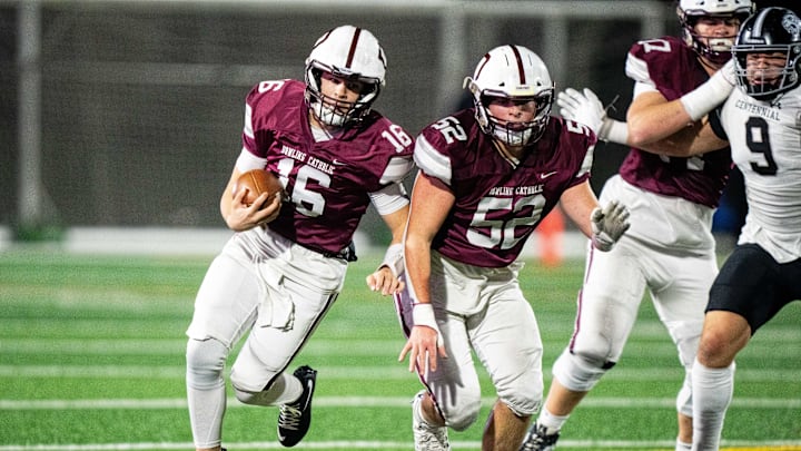 Dowling's Joey Nahas (16) runs to the outside during a game against Ankeny Centennial on Friday, Nov. 8, 2024, at Mediacom Stadium. Dowling's Joey Nahas (16) runs to the outside during a game against Ankeny Centennial on Friday, Nov. 8, 2024, at Mediacom Stadium.