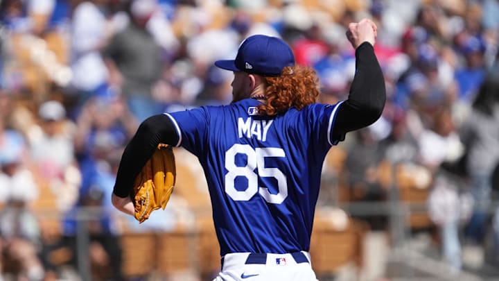 Mar 6, 2025; Phoenix, Arizona, USA; Los Angeles Dodgers pitcher Dustin May (85) pitches against the Texas Rangers during the first inning at Camelback Ranch-Glendale. Mandatory Credit: Joe Camporeale-Imagn Images Mar 6, 2025; Phoenix, Arizona, USA; Los Angeles Dodgers pitcher Dustin May (85) pitches against the Texas Rangers during the first inning at Camelback Ranch-Glendale. Mandatory Credit: Joe Camporeale-Imagn Images