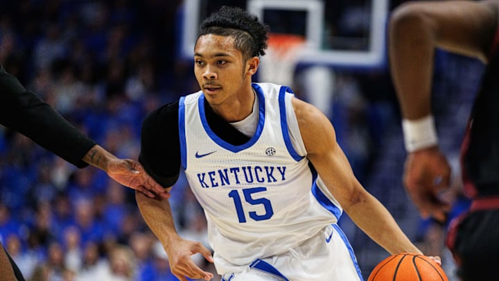 Dec 9, 2025; Lexington, Kentucky, USA; Kentucky Wildcats guard Jaland Lowe (15) drives to the basket during the second half against the North Carolina Central Eagles at Rupp Arena at Central Bank Center. Mandatory Credit: Jordan Prather-Imagn Images