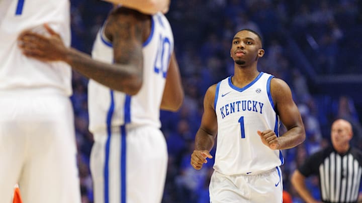 Nov 9, 2024; Lexington, Kentucky, USA; Kentucky Wildcats guard Lamont Butler (1) joins his teammates in a huddle during the first half against the Bucknell Bison at Rupp Arena at Central Bank Center. Mandatory Credit: Jordan Prather-Imagn Images