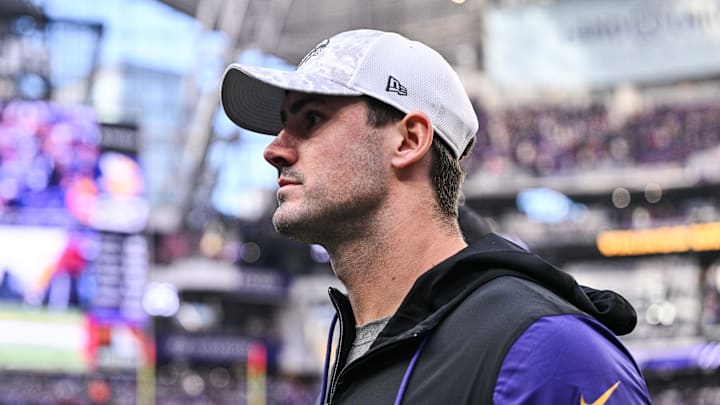 Dec 1, 2024; Minneapolis, Minnesota, USA; Newly acquired Minnesota Vikings quarterback Daniel Jones walks off the field after the game against the Arizona Cardinals at U.S. Bank Stadium. Mandatory Credit: Jeffrey Becker-Imagn Images