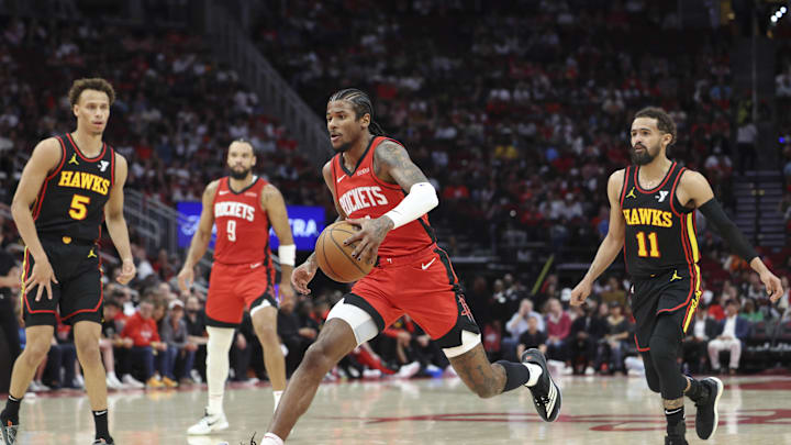 Mar 25, 2025; Houston, Texas, USA; Houston Rockets guard Jalen Green (4) drives with the ball during the second quarter against the Atlanta Hawks at Toyota Center. Mandatory Credit: Troy Taormina-Imagn Images Mar 25, 2025; Houston, Texas, USA; Houston Rockets guard Jalen Green (4) drives with the ball during the second quarter against the Atlanta Hawks at Toyota Center. Mandatory Credit: Troy Taormina-Imagn Images