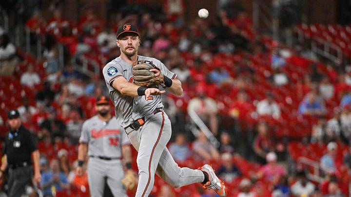 Aug 26, 2026; St. Louis, Missouri, USA; Baltimore Orioles shortstop Gunnar Henderson (2) throws on the run against the St. Louis Cardinals during the fifth inning at Busch Stadium. Mandatory Credit: Jeff Curry-Imagn Images