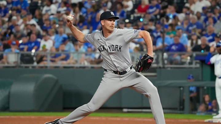 Jun 10, 2024; Kansas City, Missouri, USA; New York Yankees relief pitcher Michael Tonkin (50) delivers a pitch against the Kansas City Royals in the ninth inning at Kauffman Stadium. Mandatory Credit: Denny Medley-USA TODAY Sports Jun 10, 2024; Kansas City, Missouri, USA; New York Yankees relief pitcher Michael Tonkin (50) delivers a pitch against the Kansas City Royals in the ninth inning at Kauffman Stadium. Mandatory Credit: Denny Medley-USA TODAY Sports