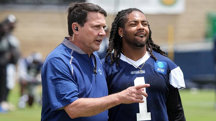 Dallas Cowboys head athletic trainer Jim Maurer assists safety P.J. Locke at training camp at River Ridge Playing Fields Dallas Cowboys head athletic trainer Jim Maurer assists safety P.J. Locke at training camp at River Ridge Playing Fields