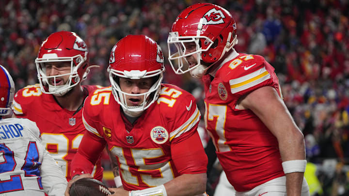 Jan 26, 2025; Kansas City, MO, USA; Kansas City Chiefs quarterback Patrick Mahomes (15) reacts after scoring a touchdown against the Buffalo Bills during the second half in the AFC Championship game at GEHA Field at Arrowhead Stadium. Mandatory Credit: Denny Medley-Imagn Images