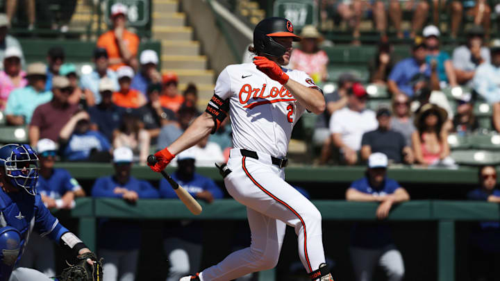 Baltimore Orioles shortstop Gunnar Henderson (2) at bat during the first inning and then left the game during the inning against the Toronto Blue Jays at Ed Smith Stadium on Feb. 27.