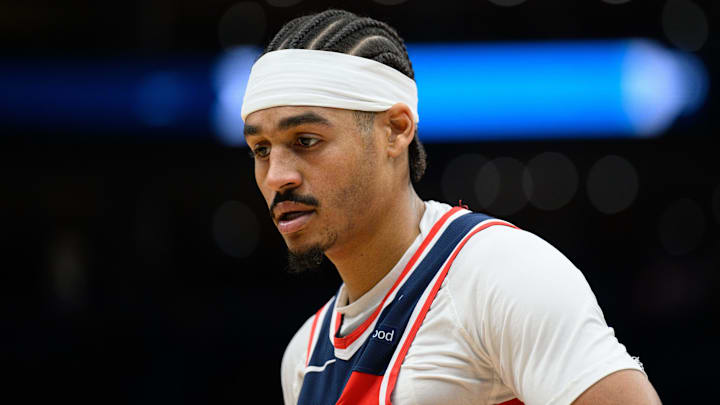 Mar 21, 2025; Washington, District of Columbia, USA; Washington Wizards guard Jordan Poole (13) looks on during the first quarter against the Orlando Magic at Capital One Arena. Mandatory Credit: Reggie Hildred-Imagn Images