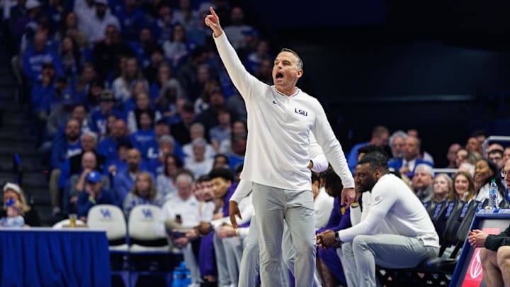 Mar 4, 2025; Lexington, Kentucky, USA; LSU Tigers head coach Matt McMahon yells to his players during the first half against the Kentucky Wildcats at Rupp Arena at Central Bank Center. Mandatory Credit: Jordan Prather-Imagn Images