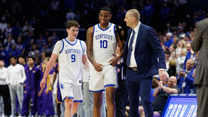 Mar 4, 2025; Lexington, Kentucky, USA; Kentucky Wildcats head coach Mark Pope talks with forward Brandon Garrison (10) as he exits the game during the second half LSU Tigers at Rupp Arena at Central Bank Center. Mandatory Credit: Jordan Prather-Imagn Images