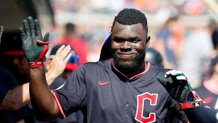 Sep 18, 2025; Detroit, Michigan, USA; Cleveland Guardians outfielder Jhonkensy Noel (43) receives congratulations from teammates after he hits a home run in the fourth inning against the Detroit Tigers at Comerica Park. Mandatory Credit: Rick Osentoski-Imagn Images Sep 18, 2025; Detroit, Michigan, USA; Cleveland Guardians outfielder Jhonkensy Noel (43) receives congratulations from teammates after he hits a home run in the fourth inning against the Detroit Tigers at Comerica Park. Mandatory Credit: Rick Osentoski-Imagn Images
