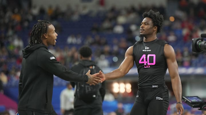 Feb 28, 2025; Indianapolis, IN, USA; South Carolina defensive back Nick Emmanwori (DB40) greets Texas defensive back Jahdae Barron (DB04) during the 2025 NFL Combine at Lucas Oil Stadium. Mandatory Credit: Kirby Lee-Imagn Images Feb 28, 2025; Indianapolis, IN, USA; South Carolina defensive back Nick Emmanwori (DB40) greets Texas defensive back Jahdae Barron (DB04) during the 2025 NFL Combine at Lucas Oil Stadium. Mandatory Credit: Kirby Lee-Imagn Images