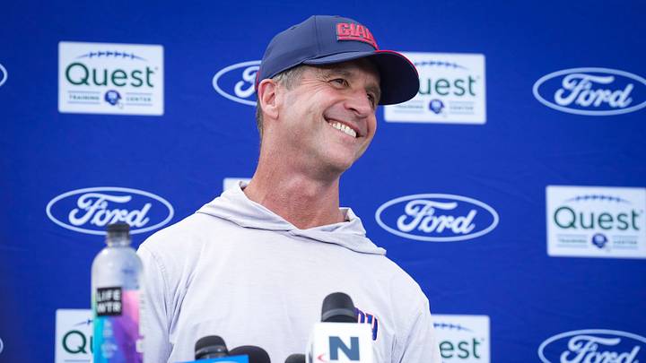 New York Giants head coach John Harbaugh speaks to members of the media after training camp at Quest Diagnostics Training Center, Aug 10, 2026, East Rutherford, NJ, USA. New York Giants head coach John Harbaugh speaks to members of the media after training camp at Quest Diagnostics Training Center, Aug 10, 2026, East Rutherford, NJ, USA.