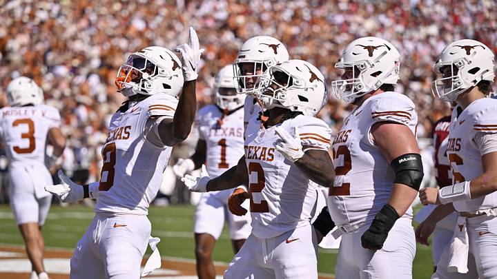 Oct 10, 2026; Dallas, Texas, USA; Texas Longhorns wide receiver Cam Coleman celebrates after catching a pass to score a touchdown against the Oklahoma Sooners during the first half at Cotton Bowl. Jerome Miron-Imagn Images Oct 10, 2026; Dallas, Texas, USA; Texas Longhorns wide receiver Cam Coleman celebrates after catching a pass to score a touchdown against the Oklahoma Sooners during the first half at Cotton Bowl. Jerome Miron-Imagn Images