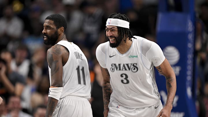 Feb 8, 2025; Dallas, TX; Anthony Davis and guard Kyrie Irving celebrate in a game against the Houston Rockets at the American Airlines Center