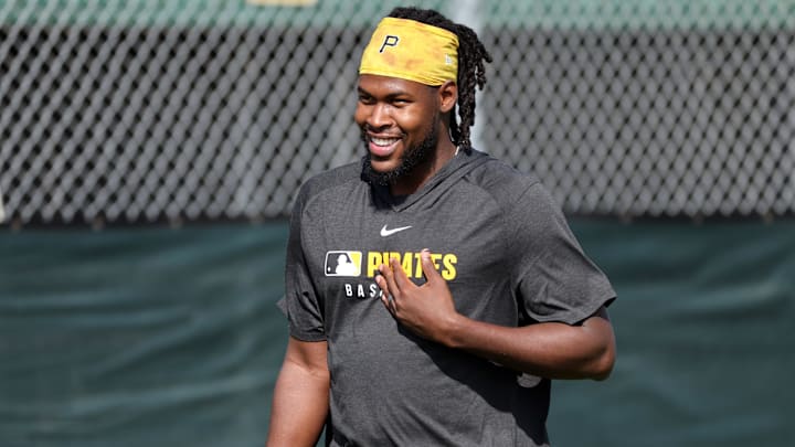 Feb 12, 2025; Bradenton, FL, USA; Pittsburgh Pirates outfield Oneil Cruz (15) during spring training workouts at Pirate City. Mandatory Credit: Kim Klement Neitzel-Imagn Images
