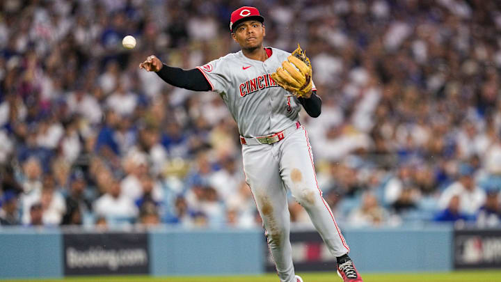 Cincinnati Reds third baseman third baseman Ke'Bryan Hayes plays a ground ball off the bat of Los Angeles Dodgers left fielder Enrique Hernandez (8) in the second inning of the MLB National League Wild Card Game 2 between the Los Angeles Dodgers and the Cincinnati Reds at Dodger Stadium in Los Angeles on Wednesday, Oct. 1, 2025. The Reds were eliminated from the postseason with an 8-4 loss to the reining World Series Champions La Dodgers.