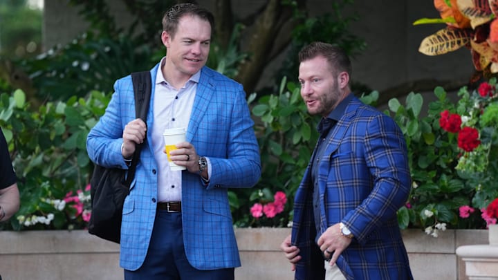 Apr 1, 2025; Palm Beach, FL, USA;  Minnesota Vikings head coach Kevin OíConnell, left, and Los Angeles Rams head coach Sean McVay attend the NFL Annual League Meeting at The Breakers. Mandatory Credit: Jim Rassol-Imagn Images