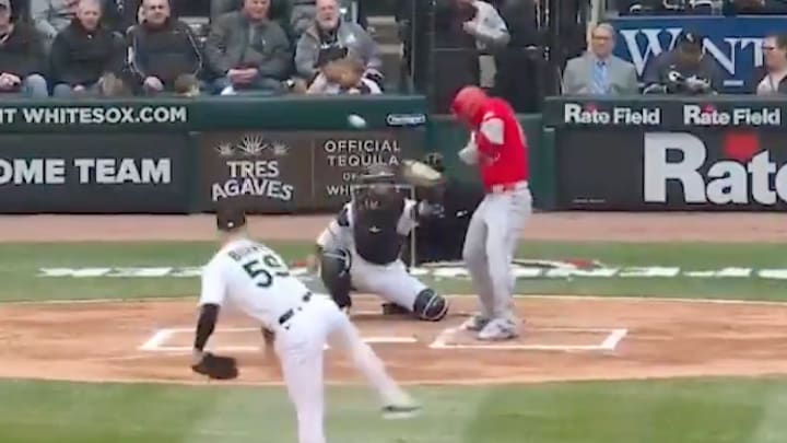 Trout is hit by a pitch in his first at-bat of the 2025 season. 