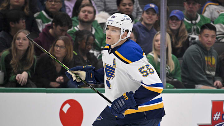 Mar 2, 2025; Dallas, Texas, USA; St. Louis Blues defenseman Colton Parayko (55) in action during the game between the Dallas Stars and the St. Louis Blues at the American Airlines Center. Mandatory Credit: Jerome Miron-Imagn Images