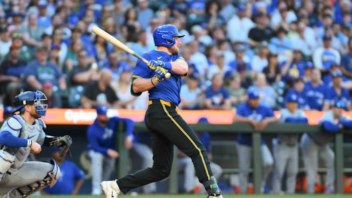 Seattle Mariners left fielder Luke Raley (20) hits a 2-RBI double against the Toronto Blue Jays during the third inning at T-Mobile Park on July 5.