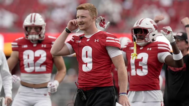 Injured Wisconsin quarterback Billy Edwards Jr. (9) is shown during the fourth quarter of the game Saturday, September 6, 2025 at Camp Randall Stadium in Madison, Wisconsin. Wisconsin beat Middle Tennessee 42-10.