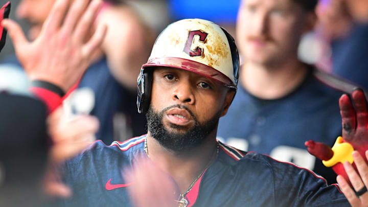 Aug 1, 2025; Cleveland, Ohio, USA; Cleveland Guardians first baseman Carlos Santana (41) celebrates after scoring during the second inning against the Minnesota Twins at Progressive Field. Mandatory Credit: Ken Blaze-Imagn Images Aug 1, 2025; Cleveland, Ohio, USA; Cleveland Guardians first baseman Carlos Santana (41) celebrates after scoring during the second inning against the Minnesota Twins at Progressive Field. Mandatory Credit: Ken Blaze-Imagn Images