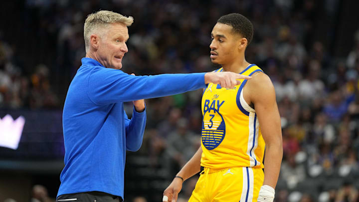 Apr 3, 2022; Sacramento, California, USA; Golden State Warriors head coach Steve Kerr talks to guard Jordan Poole (3) during the third quarter against the Sacramento Kings at Golden 1 Center. 