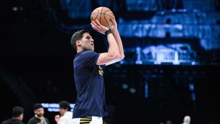 Apr 3, 2024; Brooklyn, New York, USA; Indiana Pacers forward Doug McDermott (20) warms up before a game against the Brooklyn Nets at Barclays Center. Mandatory Credit: John Jones-USA TODAY Sports Apr 3, 2024; Brooklyn, New York, USA; Indiana Pacers forward Doug McDermott (20) warms up before a game against the Brooklyn Nets at Barclays Center. Mandatory Credit: John Jones-USA TODAY Sports