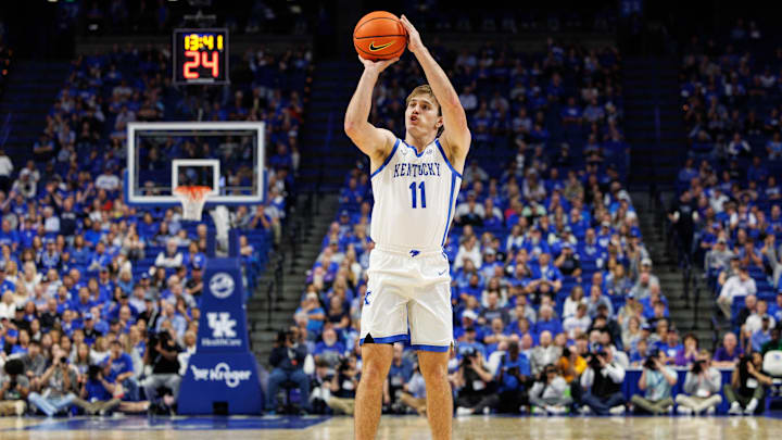Oct 23, 2024; Lexington, KY, USA; Kentucky Wildcats guard Travis Perry (11) shoots a three point basket during the second half against the Kentucky Wesleyan Panthers at Rupp Arena at Central Bank Center. Mandatory Credit: Jordan Prather-Imagn Images