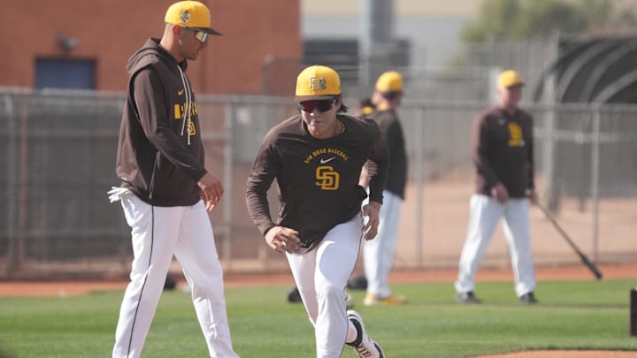 Feb 15, 2026; Peoria, AZ, USA; San Diego Padres infielder Sung-Mun Song (24) runs the bases during spring training camp. Mandatory Credit: Rick Scuteri-Imagn Images