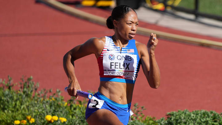 Allyson Felix (USA) competes in the 4x400 Meters Relay Women on Day 9 during the World Athletics Championships Oregon 22 at Hayward Field.