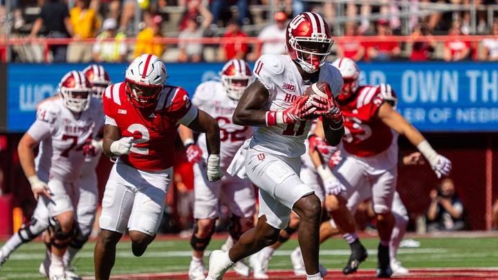 Oct 10, 2026; Lincoln, Nebraska, USA; Indiana Hoosiers wide receiver Nick Marsh (11) runs after a catch for a touchdown against the Nebraska Cornhuskers during the fourth quarter at Memorial Stadium. Mandatory Credit: Dylan Widger-Imagn Images Oct 10, 2026; Lincoln, Nebraska, USA; Indiana Hoosiers wide receiver Nick Marsh (11) runs after a catch for a touchdown against the Nebraska Cornhuskers during the fourth quarter at Memorial Stadium. Mandatory Credit: Dylan Widger-Imagn Images