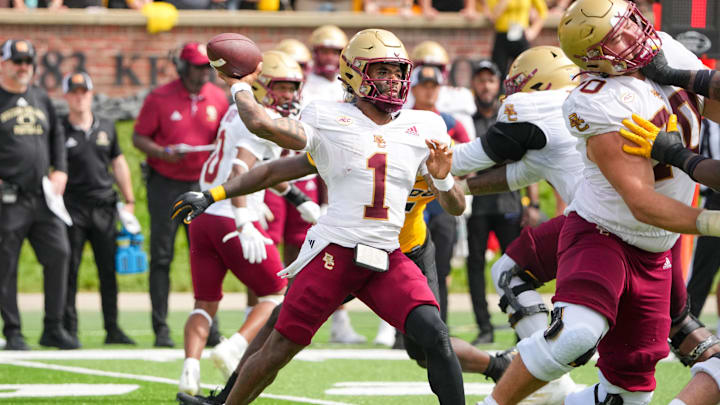 Sep 14, 2024; Columbia, Missouri, USA; Boston College Eagles quarterback Thomas Castellanos (1) throws a pass against the Missouri Tigers during the second half at Faurot Field at Memorial Stadium. Mandatory Credit: Denny Medley-Imagn Images