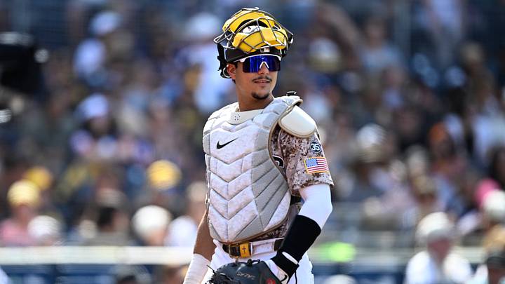 Sep 20, 2026; San Diego, California, USA;  San Diego Padres catcher Ethan Salas (8) walks off the field during the sixth inning against the Miami Marlins at Petco Park.  Mandatory Credit: Denis Poroy-Imagn Images